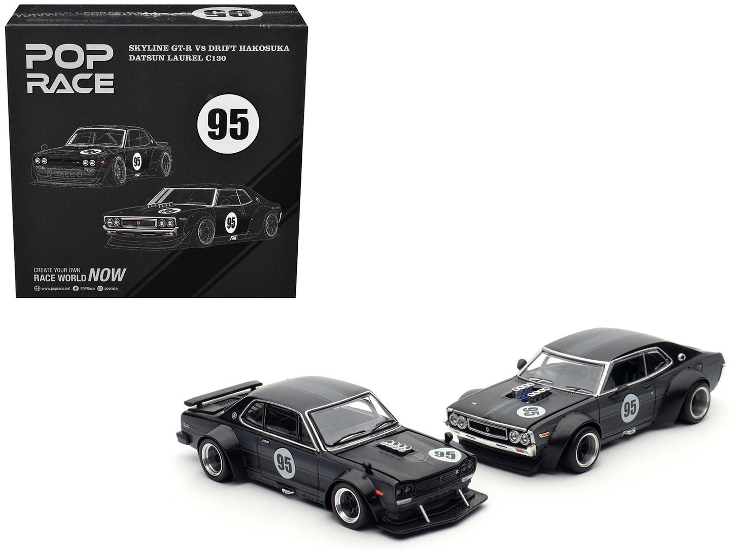Skyline GT-R V8 Drift "Hakosuka" RHD (Right Hand Drive) #95 Black and Datsun Laurel C130 RHD (Right Hand Drive) Black 2 Car Box Set "Hong Kong Toycar Salon 2025" 1/64 Diecast Model Car by Pop Race  free shipping USA