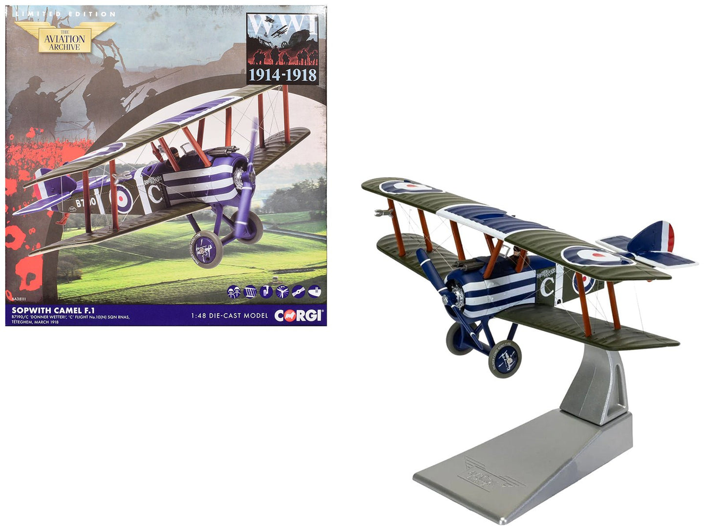 Sopwith Camel F.1 Aircraft "B7190 Donner Wetter! 'C' Flight No. 10 Squadron" (1918) Royal Naval Air Service "The Aviation Archive" Series 1/48 Diecast Model by Corgi  free shipping USA