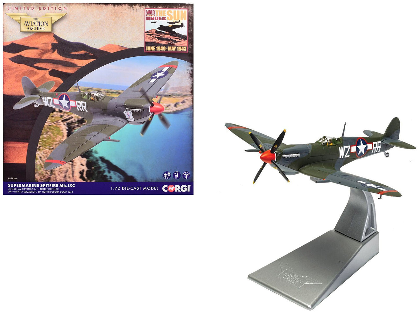 Supermarine Spitfire MkIXC Fighter Aircraft "Porky II Lt Robert Connor 309th Fighter Squadron 31st Fighter Group" (1943) United States Army Air Forces "The Aviation Archive" Series 1/72 Diecast Model by Corgi  free shipping USA